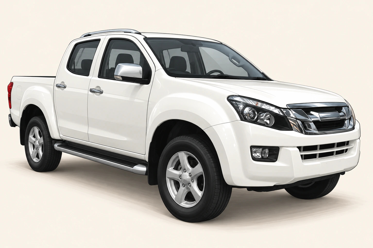 Ілюстрація білого Isuzu D-Max з подвійною кабіною та відкритим вантажним кузовом
